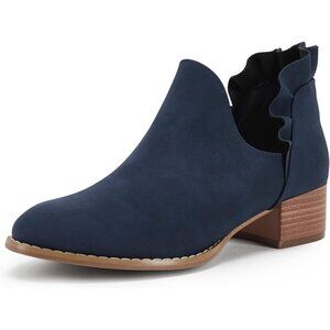 Fisace Ruffled Ankle Boots Women Blue Faux Leather Pointed Toe Chunky Low Heels